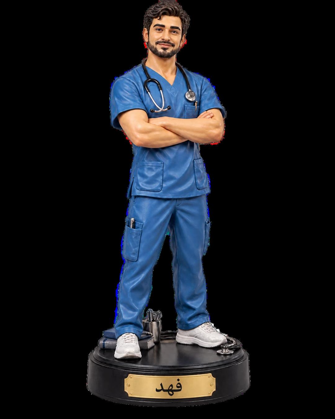 Doctor Figurine in blue scrubs with a stethoscope