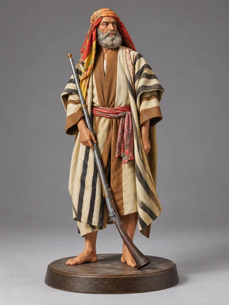 Bearded man in a striped robe holding an antique musket Figurine design preview