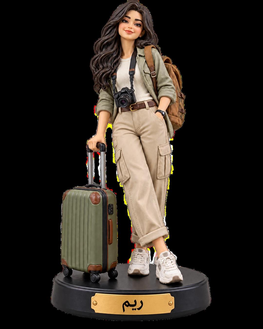 Traveler Figurine with a camera, backpack, and suitcase